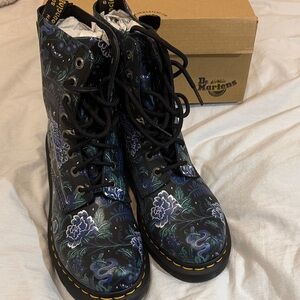 Dr. Martens Women's Black and Blue Floral Combat Boots